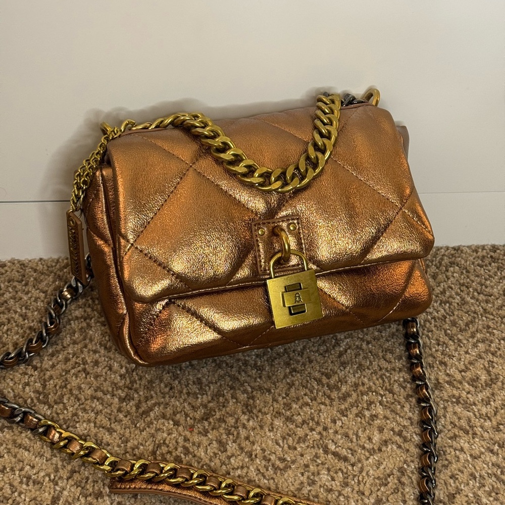 Steve Madden Quilted Metallic Bronze Shoulder Bag with Mixed Metal Chain Strap